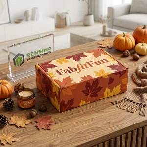 Papierverpackungsbox mit Herbstblatt-Druck und klarer Markenkennzeichnung, geeignet für Geschenke, Lebensmittel oder Einzelhandelsverpackungen, benutzerdefiniertes Design verfügbar
