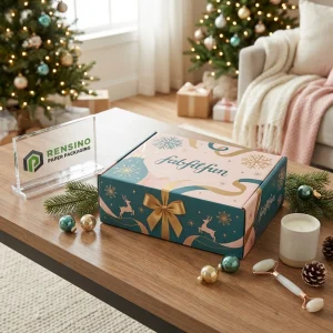 Scatola di imballaggio in carta stampata con motivo festivo di renne e fiocchi di neve, adatta per imballaggio regalo, vendita al dettaglio o alimenti, servizio OEM/ODM disponibile