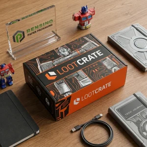 Schwarze und orange Pappgeschenkbox mit gedrucktem Schaltkreis-Muster und “LOOTCRATE”-Logo, Geeignet für Geschenk-, Einzelhandels- oder Sammlerverpackungen, Individuelles Design Verfügbar