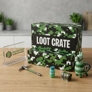 Camouflage-Papierverpackungsbox mit gedrucktem “LOOT CRATE”-Text und digitalem Muster, Geeignet für Geschenk-, Einzelhandels- oder Lebensmittelverpackungen, Individuelles Design Verfügbar
