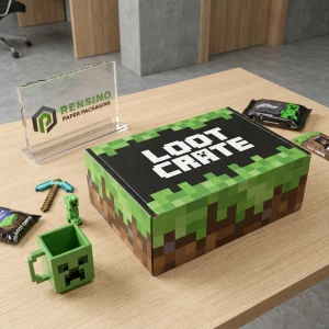Scatola di carta a tema Minecraft con testo stampato “Loot Box” e motivo pixelato, adatta per imballaggio regalo, al dettaglio o giocattoli, design personalizzato disponibile