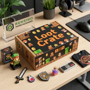 Boîte en papier noire avec un motif de jeu vidéo pixélisé et le texte “Loot Crate”, adaptée pour l'emballage cadeau ou de vente au détail, conception personnalisée disponible