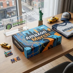 Bunte Pappbox mit Stadtansicht und Amazon Merch Branding, geeignet für Geschenk, Einzelhandel oder Lebensmittelverpackung, individuelle Gestaltung verfügbar