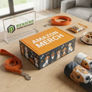 개 패턴과 “AMAZON MERCH” 텍스트가 인쇄된 오렌지색 종이 선물 상자, 선물, 소매 또는 식품 포장에 적합, 맞춤 디자인 가능