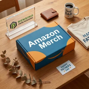 Boîte d'emballage en papier Amazon Merch bleue et orange avec logo et motif imprimés, adaptée pour les cadeaux, le commerce de détail ou l'emballage alimentaire, design personnalisé disponible