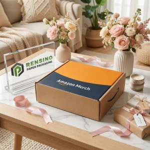 صندوق ورق بني مع شعار Amazon Merch ونمط مطبوع، مناسب للهدايا أو التعبئة للبيع بالتجزئة، خدمة OEM/ODM متاحة