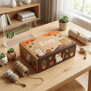 Bunte Papierschachtel mit Katzenillustration und bedrucktem “Etsy”-Text, geeignet für Geschenke, Einzelhandel oder Lebensmittelverpackungen, individuelles Design verfügbar