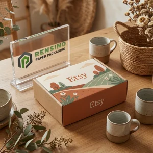 कागज का उपहार बॉक्स लैंडस्केप चित्रण और प्रिंटेड “Etsy” टेक्स्ट के साथ, उपहार, रिटेल, या खाद्य पैकेजिंग के लिए उपयुक्त, कस्टम डिज़ाइन उपलब्ध