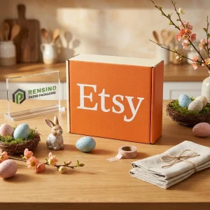 “Etsy” 텍스트와 꽃 패턴이 인쇄된 주황색 종이 선물 상자, 선물, 소매 또는 음식 포장에 적합하며 맞춤 디자인 가능