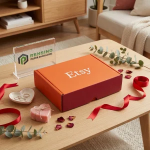인쇄된 “Etsy” 텍스트와 간단한 디자인이 있는 오렌지 종이 선물 상자, 선물, 소매 또는 음식 포장에 적합, 맞춤 디자인 가능