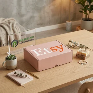 Scatola di Carta Rosa con Testo e Logo “Etsy” Stampati, Adatta per Regali, Vendita al Dettaglio o Imballaggio Alimentare, Design Personalizzato Disponibile