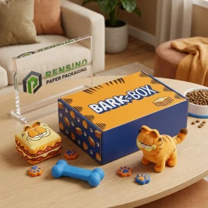 Boîte en papier bleue et orange avec motif de chat et de chien, adaptée pour l'emballage cadeau ou de vente au détail, design personnalisé disponible