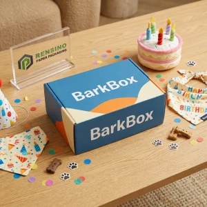 Caja de papel azul con texto impreso “BarkBox” y diseño colorido, adecuada para empaques de regalo o venta al por menor, diseño personalizado disponible