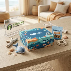 Boîte cadeau en papier imprimé bleu et orange avec motif sous-marin, adaptée pour les cadeaux, le commerce de détail, l'alimentation ou l'emballage cosmétique, design personnalisé disponible