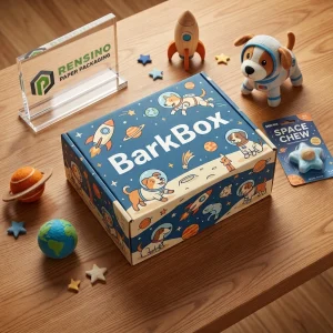Caja de Papel Azul con Patrón de Perro Espacial Adecuada para Empaque de Regalo o Venta Minorista, Diseño Personalizado Disponible