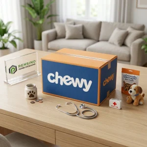 Caja de papel azul con logotipo masticable e ilustraciones temáticas de mascotas, adecuada para empaques de regalo o minoristas, impresión de logotipo personalizada disponible