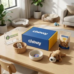 Blaue Chewy-Papierbox mit bedrucktem Logo und Haustierillustration, geeignet für Geschenk- oder Einzelhandelsverpackungen, OEM/ODM-Service verfügbar