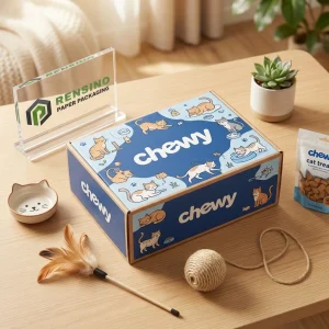 Caja de papel azul con ilustración de gato y texto “chewy”, adecuada para regalo, alimentos o empaques minoristas, servicio OEM/ODM disponible