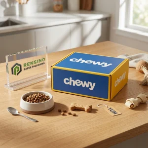 Blau und gelbe Papierbox mit bedrucktem “chewy”-Text und Muster, geeignet für Geschenk- oder Lebensmittelverpackungen, OEM/ODM-Service verfügbar