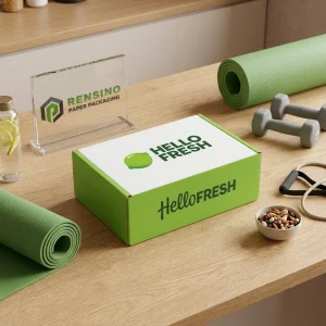 प्रिंटेड “HelloFresh” टेक्स्ट और लोगो के साथ हरा पेपर बॉक्स, उपहार, खाद्य, या रिटेल पैकेजिंग के लिए उपयुक्त, कस्टम डिज़ाइन उपलब्ध