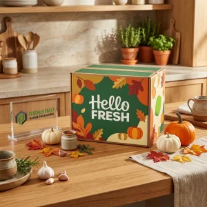 Bunte Papierbox mit Herbstblattmuster und bedrucktem “Hello FRESH”-Text, geeignet für Geschenk- oder Lebensmittelverpackungen, individuelles Design verfügbar