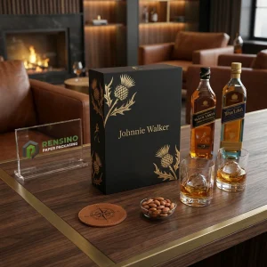 Boîte en papier noire avec motif de chardon doré et branding Johnnie Walker, adaptée pour un cadeau ou un emballage de vente au détail, service OEM/ODM disponible