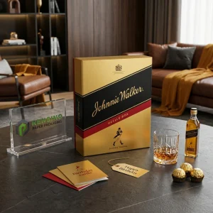 Boîte cadeau en papier jaune et noir avec logo et illustration, adaptée pour emballage cadeau ou de vente au détail, design personnalisé disponible