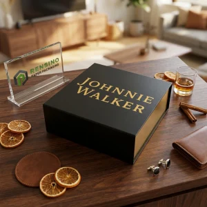 Boîte cadeau en papier noire avec texte et logo dorés, adaptée pour les cadeaux, le commerce de détail ou l'emballage cosmétique, design personnalisé disponible