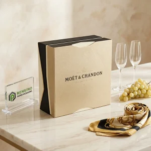 Beige and Black Paper Gift Box with Printed “MOËT & CHANDON” Text and Logo, Suitable for Gift, Retail, or Food Packaging, OEM/ODM Service Available