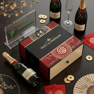 Black and Red Gift Box with Gold Foil and Traditional Chinese Pattern, Suitable for Wine or Luxury Gift Packaging, OEM/ODM Service Available