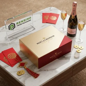 Scatola regalo rigida in carta rossa e oro con testo e logo stampati “MOËT & CHANDON”, adatta per regali, alimenti o imballaggi al dettaglio, servizio OEM/ODM disponibile