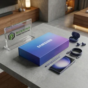 サムスンのロゴと抽象パターンが印刷された青い紙箱、ギフト、小売、またはエレクトロニクスパッケージに適しており、OEM/ODMサービス利用可能