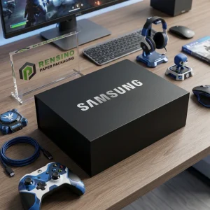 Black Paper Box with Printed “SAMSUNG” Text and Simple Design, Suitable for Electronic or Gift Packaging, OEM/ODM Service Available