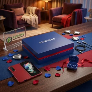 Boîte d'emballage en papier bleue et rouge avec logo Samsung, adaptée pour les cadeaux ou l'emballage de détail, service OEM/ODM disponible