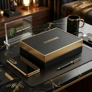 Black and Gold Paper Box with Printed “SAMSUNG” Text and Textured Surface, Suitable for Gift, Retail, or Electronics Packaging, OEM/ODM Service Available