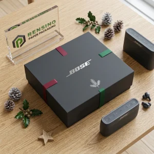Boîte en papier noire avec logo imprimé et rubans, adaptée pour l'emballage cadeau ou de détail, service OEM/ODM disponible