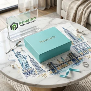Scatola regalo in carta blu Tiffany & Co. con motivo di landmark stampato, adatta per regali, gioielli o imballaggi al dettaglio, servizio OEM/ODM disponibile