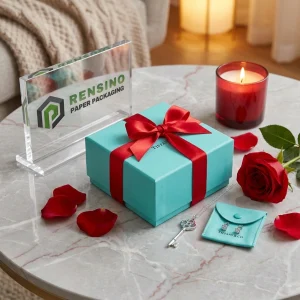 Caja de regalo azul con cinta roja y logo de Tiffany & Co., adecuada para regalos, venta al por menor o embalaje de joyería, diseño personalizado disponible