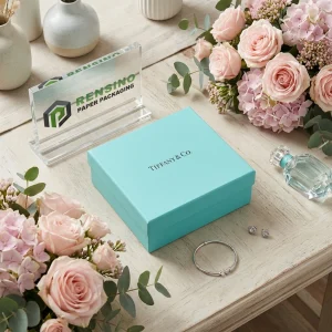 Caja de papel azul con el logo de Tiffany & Co. y patrón floral, adecuada para regalo, joyería o embalaje minorista, servicio OEM/ODM disponible