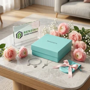 Boîte cadeau en papier bleu pastel avec logo Tiffany & Co., adaptée pour l'emballage de bijoux ou de cadeaux, motif imprimé, avantage d'usine