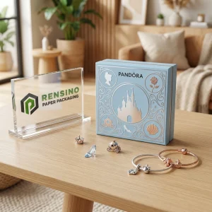 Scatola regalo di carta blu con motivo castello e floreale, adatta per regali, vendita al dettaglio o confezioni cosmetiche, design personalizzato disponibile