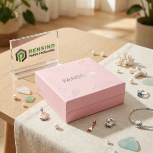 Boîte Cadeau en Papier Rigide Rose avec Motif de Coquillage Embossé et Texte “PANDORA” Imprimé Convient pour l'Emballage de Bijoux Impression de Logo Personnalisée Disponible