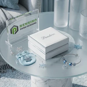 Boîte-cadeau en papier rigide blanc avec texte imprimé “Pandora”, adaptée pour l'emballage de bijoux ou de cadeaux, impression de logo personnalisée disponible