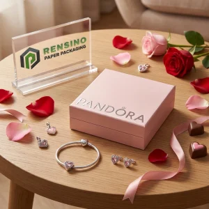 Scatola di carta rosa con testo stampato “PANDORA” e motivo floreale, adatta per imballaggio regalo, gioielli o al dettaglio, stampa logo personalizzata disponibile