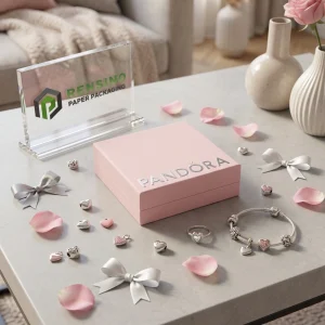 Scatola regalo di carta rosa con testo stampato “PANDORA” e logo del marchio, adatta per regali, vendita al dettaglio o confezionamento di gioielli, design personalizzato disponibile
