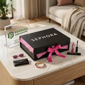 Boîte cadeau en papier noir avec ruban rose et texte imprimé “SEPHORA”, adaptée pour l'emballage cosmétique ou cadeau, service OEM/ODM disponible