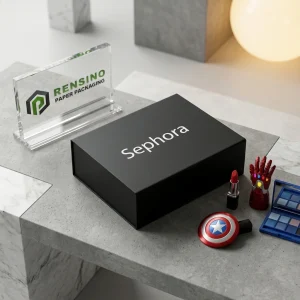 Boîte cadeau en papier noire avec texte imprimé “Sephora” et design minimaliste, adaptée pour un emballage cosmétique ou de cadeau, service OEM/ODM disponible