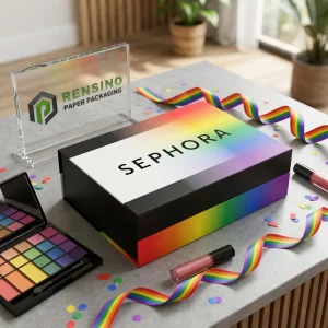 Boîte en papier noire avec dégradé arc-en-ciel et texte imprimé “SEPHORA”, adaptée pour un cadeau, un emballage cosmétique ou de vente au détail, service OEM/ODM disponible