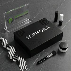 Black Rigid Paper Gift Box with Printed “SEPHORA” Text and Geometric Pattern, Suitable for Cosmetic or Gift Packaging, OEM/ODM Service Available