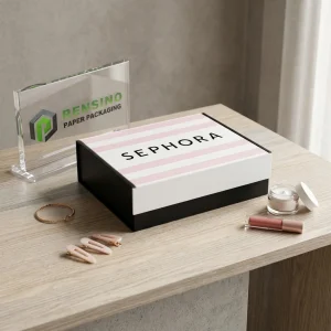 Black and White Paper Gift Box with Printed “SEPHORA” Text and Pink Stripes, Suitable for Cosmetic or Gift Packaging, OEM/ODM Service Available